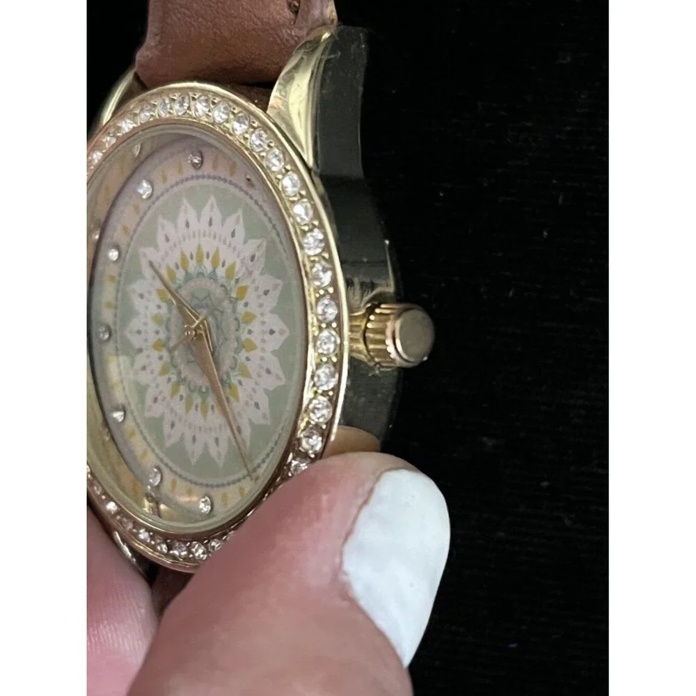 Jessica Carlyle Mandala Rhinestone Watch Brown Leather New Battery